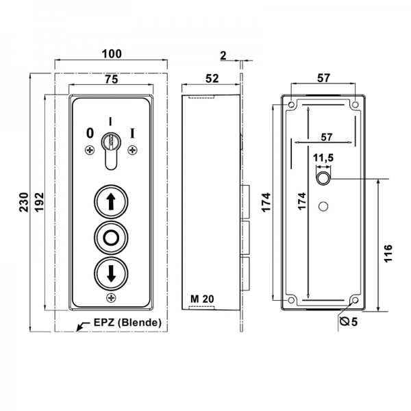 Schlüssel-Schalter 1 Rast-Kontakt AUS/EIN AUF-NOT-HALT-AB Aufputz