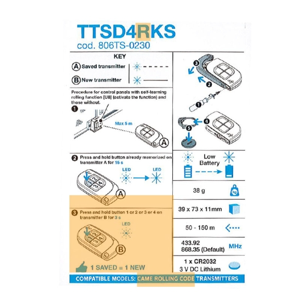 Came Handsender 433 MHz + 866 MHZ TTSD4RKS 806TS-0230 4 Kanal Rollingcode